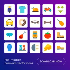 Modern Simple Set of transports, food, clothes Vector flat Icons. Contains such Icons as  style, chicken,  spice,  speed,  front,  beef and more on gradient background. Fully Editable. Pixel Perfect