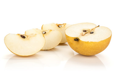 Naklejka na ściany i meble One Chinese golden pear half and three slices Nashi variety isolated on white background.