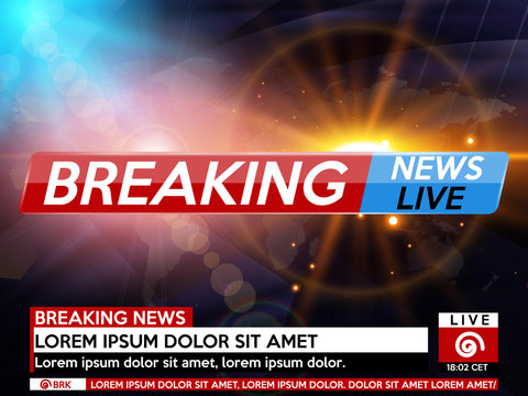 Background screen saver on breaking news. Breaking news live on blue background with sunrise and world map. Vector illustration.