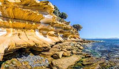 Amazing coast line called Painted Cliffs with orange yellow colored sand limestone rocks and geology structures at shore, perfect expedition on warm sunny clear day, Maria Island, Tasmania, Australia