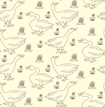 Goose birds vintage line seamless vector pattern