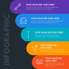 Flat cloud and networking, cursors, email infographic steps template with 5 options for presentations, advertising, annual reports.