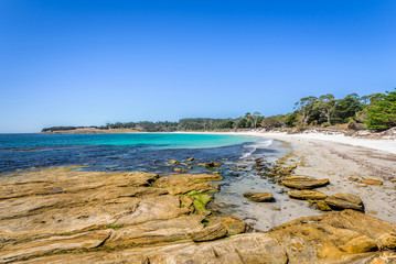 Amazing view to great paradise island sandy beach with turquoise blue water and green shore jungle forest on warm sunny clear sky relaxing day, Maria island National Park, Tasmania, Australia
