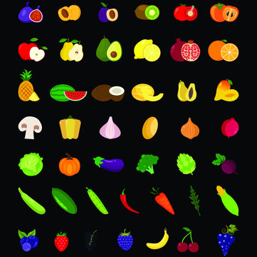 Set of fruits and vegetables icons on black background