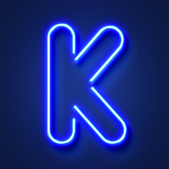 Letter K realistic glowing blue neon letter against a blue background