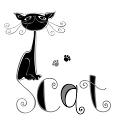 Black cat. Lettering and illustration. Print the cat's paws. The concept of the design. Vector.