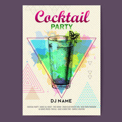 Cocktail mojito on artistic polygon watercolor background. Cocktail disco party poster