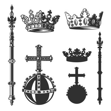 Heraldic symbols, monarch set. Vector illustration.