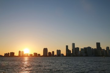 Fototapeta na wymiar City of Miami Skyline at Sunset in Key Biscayne Next to the Rickenbacher Causeway