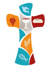 Christian cross with dove, grape, chalice, bread, ears of wheat and fish on colorful background