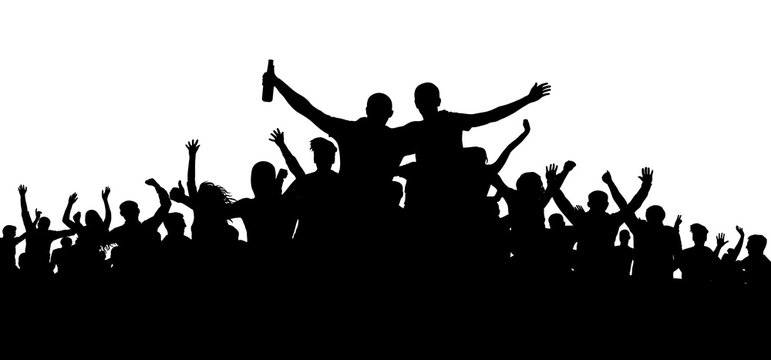Crowd of people, friends at a party silhouette. Concert, festival, music.  Cheer crowd people. Audience cheering applause. Cheerful sports fan. Mob  soccer banner. Man with a bottle of beer, alcohol - Buy