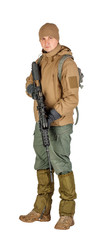 young soldier or sniper holding rifle.  hunting, war, army, technology and people concept
