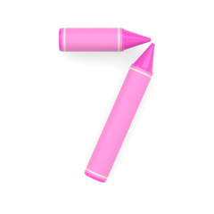 Pink wax crayon mathematical digit 7, white background, 3D rendered image