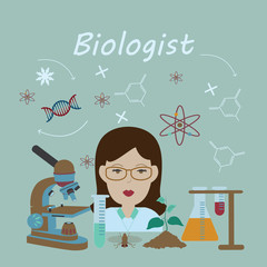 Female biologist surrounded with biology elements. Vector illustration.