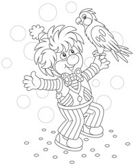 Obraz premium Funny circus clown playing with his parrot, black and white vector illustration in a cartoon style for a coloring book