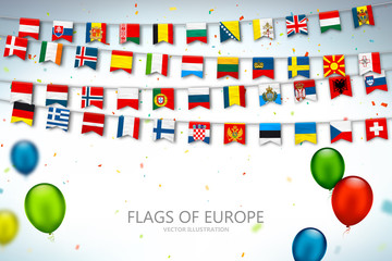 Colorful flags of different countries of the europe and world with confetti and balloons. Festive garlands of the international pennant. Bunting flags. Vector banner for celebration party, conference