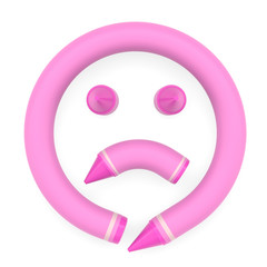 Pink wax crayon face lake sad emoji emoticon on white background, 3D rendered