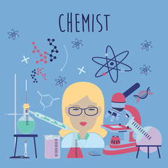Colorful representation of chemist profession. Female chemist next to chemistry essential elements. Vector illustration.
