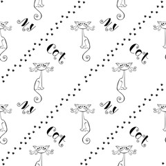 My cat. Lettering. Pattern with cats. Funny pattern. Cat paw prints. Vector. black and white