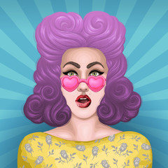 Vector painted shocked pin up girl with open mouth in surprise. Fashion model in pink heart shaped glasses with colorful dyed wavy hair of a purple and  violet hue.  Pop Art sun rays back