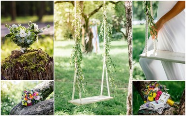 Wedding collage - beautiful ranch wedding on garden outdoors at spring or summer day.