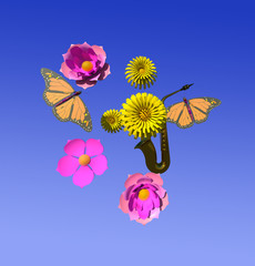 Summertime mood 3D illustration. Flowers, butterflies, music, blue sky.