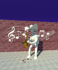 Street musician performing at night time 3D illustration. Fictional character, music, starry night sky background. Collection.
