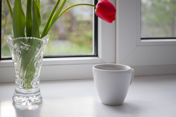 a cup of coffee on the windowsill and a vase with tulips.