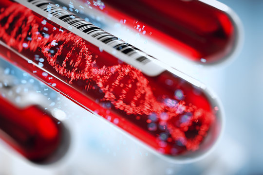 Molecule of DNA forming inside the test tube in the blood test equipment.3d rendering,conceptual image.