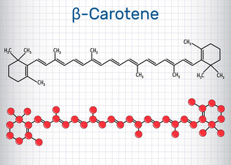 Beta Carotene, provitamin A, is an organic red-orange pigment in plants and fruits. Structural chemical formula and molecule model. Sheet of paper in a cage