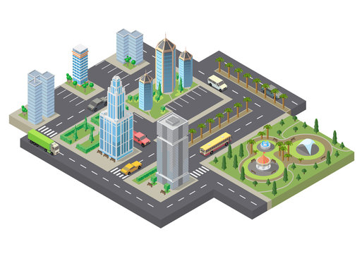 Vector 3d isometric megapolis, city. Collection of skyscrapers, buildings and parking places with green park, palm trees. Streets with traffic - cars, automobiles