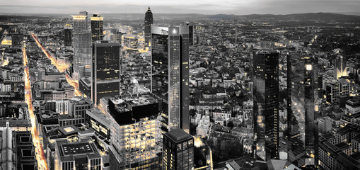 Black and white photography of Frankfurt. High resolution aerial panoramic view of Frankfurt, Germany at dusk. - obrazy, fototapety, plakaty