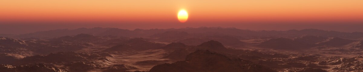 Mars from the height of the flight, a panorama of the surface of Mars,
3D rendering

