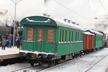 wagons of a retro train at the station