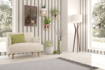 Idea of white room with armchair and summer landscape in window. Scandinavian interior design. 3D illustration