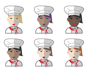 Profile, avatar color icons of a female cook chefs of diverse nationalities. Vector illustration.