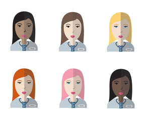 Set of six female employee avatar icons.Vector illustration.