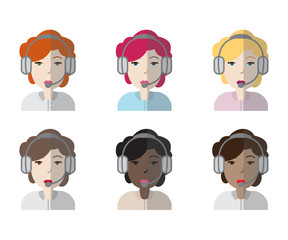 Set of six female avatar operators icons. Different skin tones models. Vector illustration.