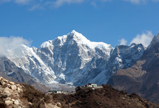 Mount Thamserku and village on the way to Everest base camp, Nepal Himalaya