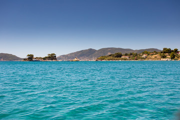Zakynthos sea resort landscape with hotels near blue sea near Cameo Island