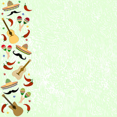 Beautiful textured background for the holiday cinco de mayo banner, logo, postcard, menu. Mexico,, musical instruments, maracas, hats, sombrero, guitar, chili, mustache, cactus, colorful. vector eps10