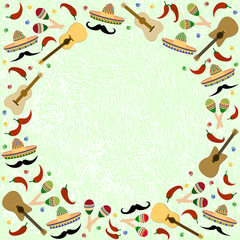 Beautiful textured background for the holiday cinco de mayo banner, logo, postcard, menu. Mexico,, musical instruments, maracas, hats, sombrero, guitar, chili, mustache, cactus, colorful. vector eps10
