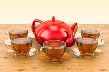 Cups of tea and teapot on the wooden table. 3D rendering