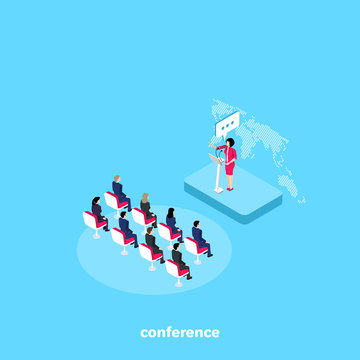 a woman in a business suit speaking in front of people at a conference, an isometric image