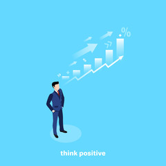 a man in a business suit on a blue background and his thoughts on financial growth, an isometric image