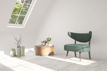 Idea of white room with armchair and summer landscape in window. Scandinavian interior design. 3D illustration