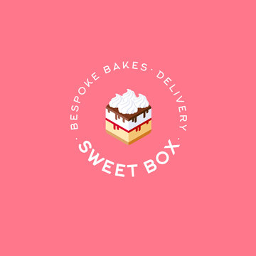 Sweet Box logo. Cake box emblem. Bespoke bakes and delivery. Bakery and sweet cafe logo. A beautiful cake like box with chocolate, syrup and cream.