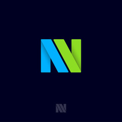 N origami monogram. Blue and green ribbons like letter N initial. Network icon. Typography. Lettering design.