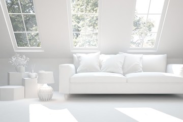 White room with sofa and green landscape in window. Scandinavian interior design. 3D illustration