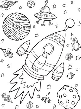 Outer Space Rocket Planets Vector Illustration Set